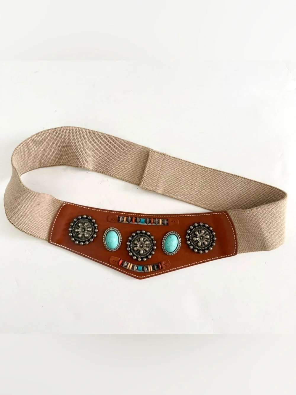 Patricia Green Details Vintage Belt Beaded Silver Turquoise Boho Woven Leather